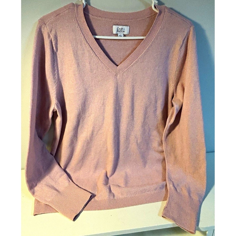 Croft & Barrow Womens Sweater Pink Knit V-Neck Pullover Long Sleeve L Solid